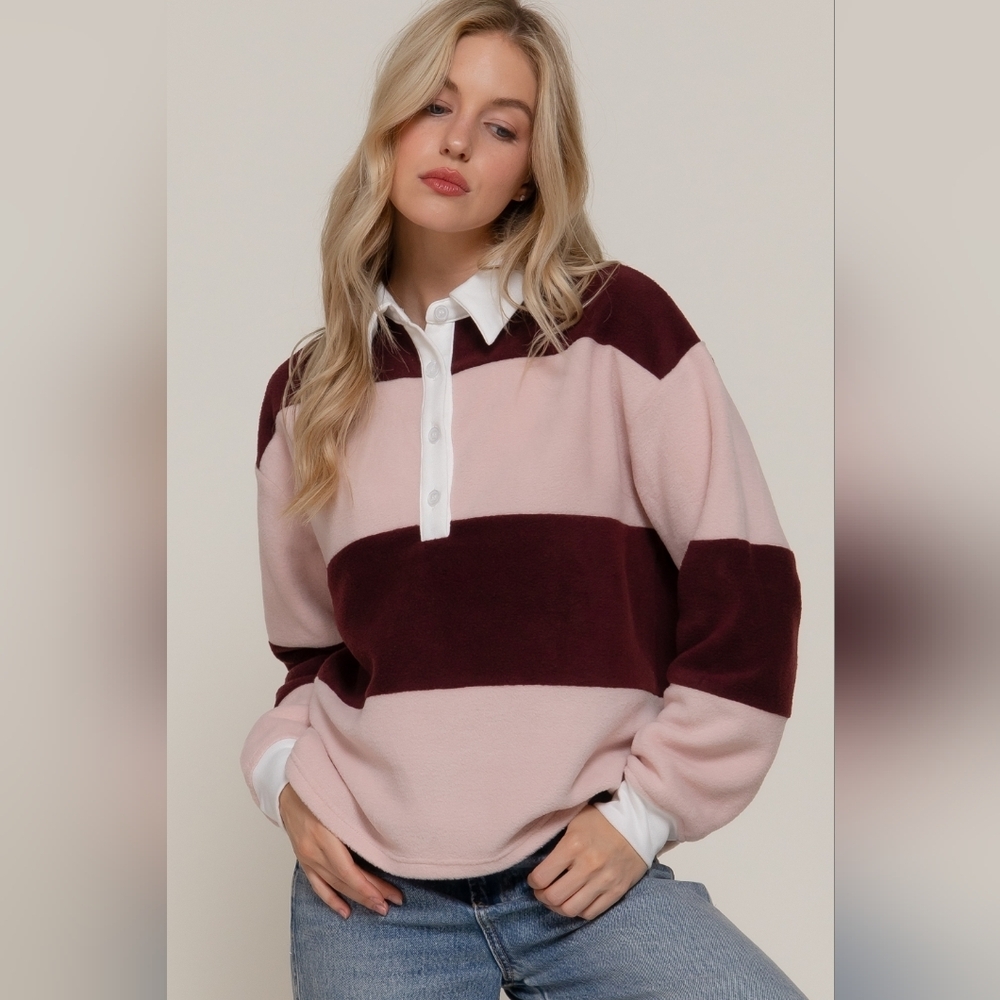 Long Sleeve Rugby Pink Burgandy Striped Fleece Polo Shirt